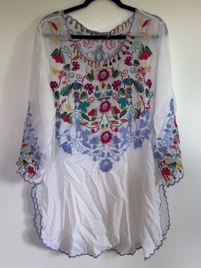Johnny Was XL Embroidered Boho Tunic Top Floral Festival Peasant Blouse